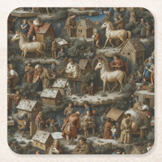 Christmas Pattern • Bruegel Style Paper Coaster Rechteckiger Pappuntersetzer