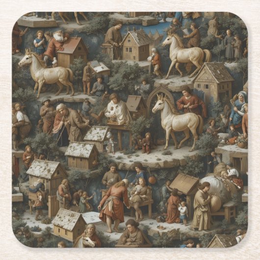 Christmas Pattern • Bruegel Style Paper Coaster Rechteckiger Pappuntersetzer (Vorderseite)