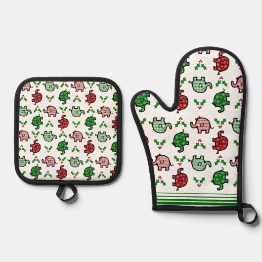 Christmas-Pattern Elephant Oven Mitt & Pot Holder Ofenhandschuh & Topflappen-Set (Vorderseite)