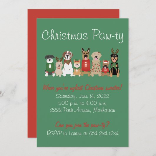 Christmas Pawty Dog Ugly Holiday Sweater Red Green Einladung (Vorne/Hinten)