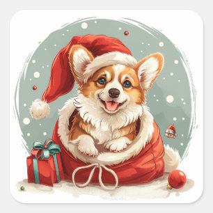 Christmas Pembroke Welsh Corgi Puppy Quadratischer Aufkleber