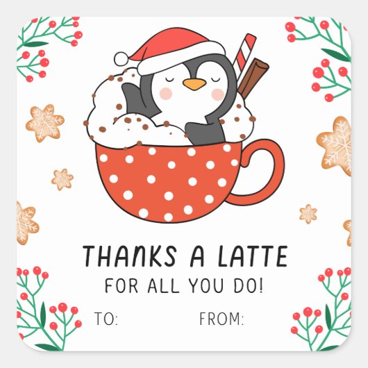 Christmas Penguin Dank a Latte Quadratischer Aufkleber (Vorderseite)