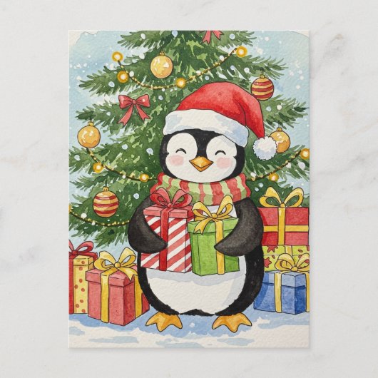 Christmas Penguin Postcard Watercolor Holiday Card Postkarte (Vorderseite)