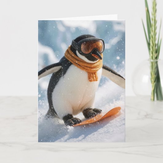 Christmas Penguin Snowboarding Downhill Karte (Vorderseite)