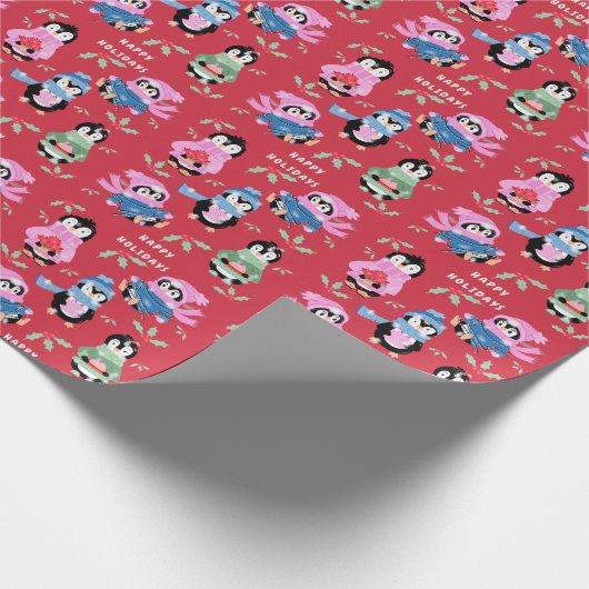 Christmas Penguins Crew Red Holiday Wrapping Paper Geschenkpapier (Ecke)