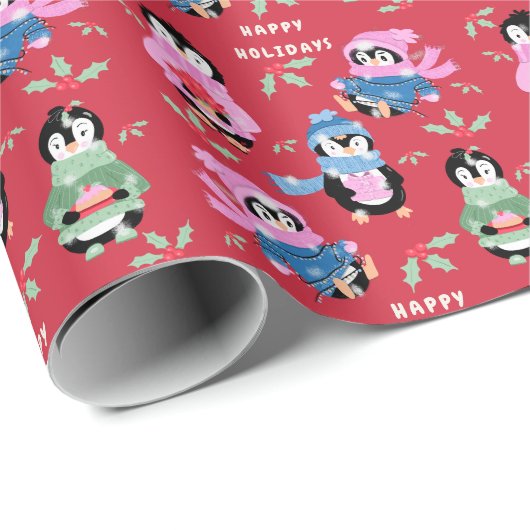 Christmas Penguins Crew Red Holiday Wrapping Paper Geschenkpapier (Rolleneckpunkt)