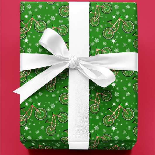 Christmas Peppermint Cycling Bike Snowflakes Green Geschenkpapier