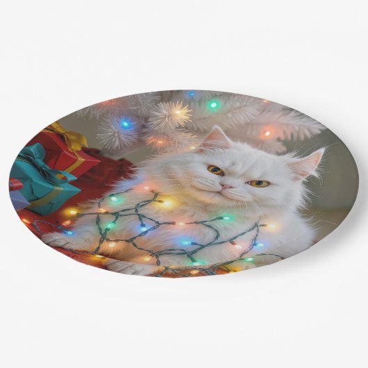 Christmas Persian Cat Tangled in Holiday Lights Pappteller (Schrägansicht)