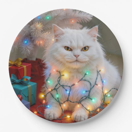 Christmas Persian Cat Tangled in Holiday Lights Pappteller (Vorderseite)
