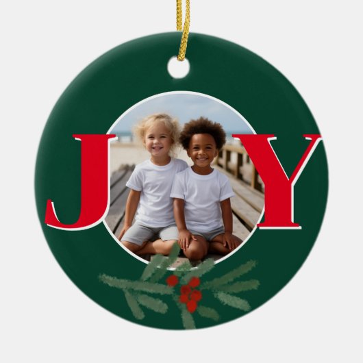 Christmas personalize JOY Holly photo template Keramik Ornament (Vorne)