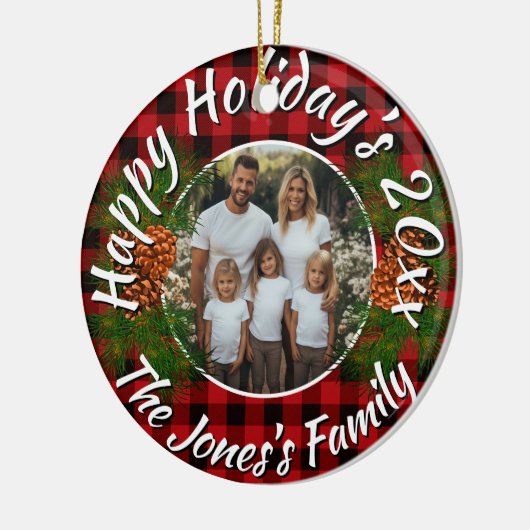 Christmas personalized photo red plaid pinecones keramik ornament (Links)