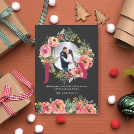 Christmas Photo Black Joy Floral Wreath Botanical  Feiertagskarte
