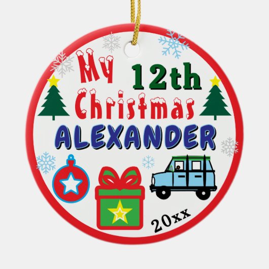 Christmas PHOTO Blue Car Boy Age Name Keramik Ornament (Vorne)