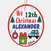 Christmas PHOTO Blue Car Boy Age Name Keramik Ornament (Links)
