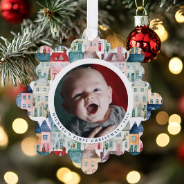 Christmas Photo Blue Festive Houses Holiday Ornament Karte