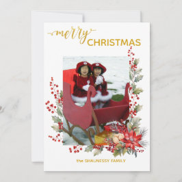Christmas Photo Card Holly Berries & Pointsettias Dankeskarte