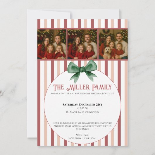 Christmas Photo Invitation • Red Striped Holiday Einladung (Vorderseite)