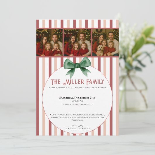 Christmas Photo Invitation • Red Striped Holiday Einladung (Stehend Vorderseite)