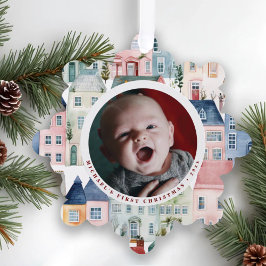 Christmas Photo Red Festive Houses Holiday Ornament Karte