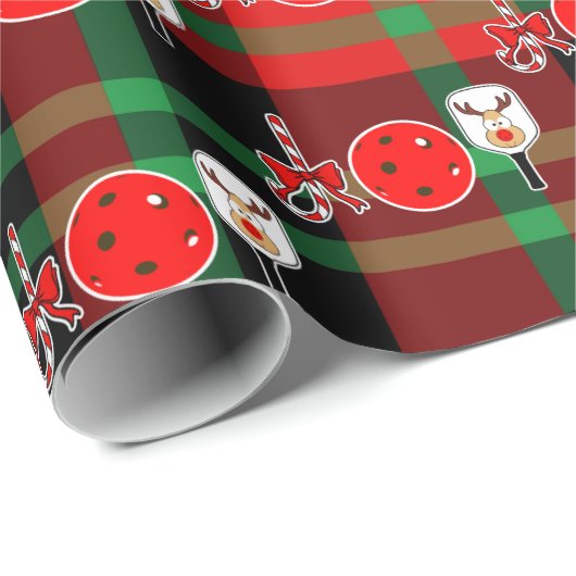 Christmas Pickleball Paddle Joy Red Green Plaid Geschenkpapier (Rolleneckpunkt)