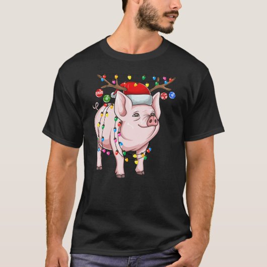 Christmas Pig Holiday Lights With Antlers And Orna T-Shirt (Vorderseite)