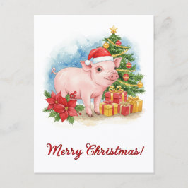 Christmas Piglet Postcard Holiday Watercolor Art Postkarte