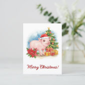 Christmas Piglet Postcard Holiday Watercolor Art Postkarte (Stehend Vorderseite)