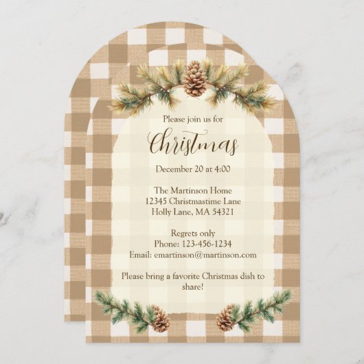 Christmas Pine Cones Branches Brown Gingham Arch Einladung (Vorne/Hinten)