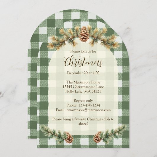 Christmas Pine Cones Branches Green Gingham Arch Einladung (Vorne/Hinten)