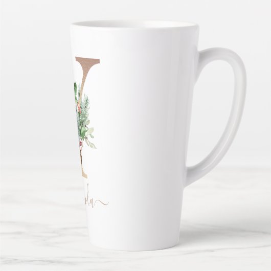 Christmas Pine Red Berries Monogram Y Name Milchtasse (Rechts)