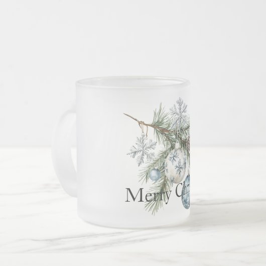 Christmas Pine Tree Branches Blue White Ornaments Mattglastasse (Vorderseite Links)