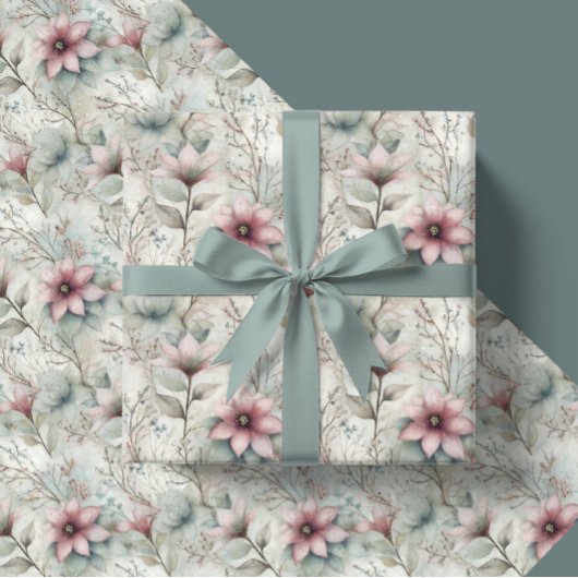 Christmas Pink and Silver Poinsettia Floral Geschenkpapier