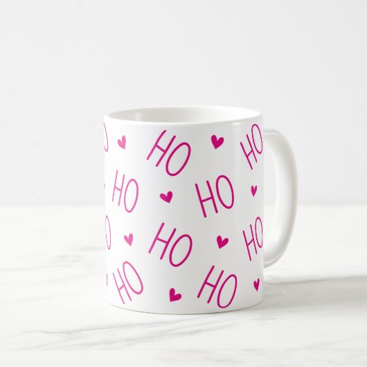 Christmas Pink and White Coffee Mug Ho Ho Ho Heart Kaffeetasse (VorderseiteRechts)