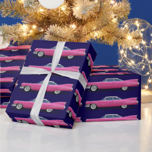 CHRISTMAS PINK CLASSIC CAR CADDDDY VINTAG GESCHENKPAPIER