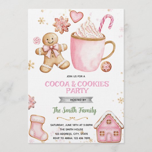 Christmas pink Cookies and Cocoa invitation Einladung (Vorderseite)