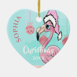 Christmas Pink Flamingo Santa Foto Blau Niedlich Keramik Ornament