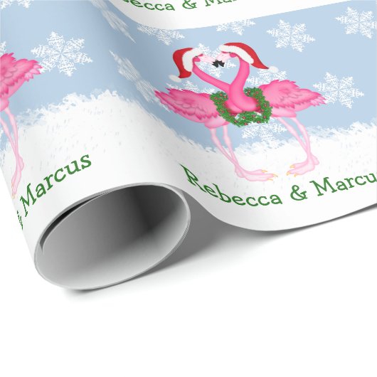 Christmas Pink Flamingo Wearing Santa Hats Geschenkpapier (Rolleneckpunkt)