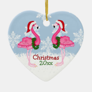 Christmas Pink Flamingo Wearing Santa Hats Keramikornament