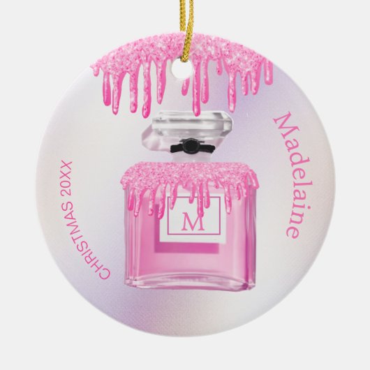 Christmas Pink Glitzer Parfüm Monogram Keramik Ornament (Vorne)
