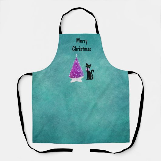 Christmas Pink Silver Tree Star Rug Black Cat Teal Schürze (Vorderseite)