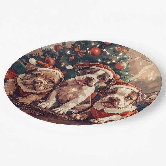 Christmas Pit Bull Puppy Dogs Pappteller (Schrägansicht)