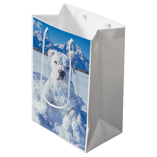 Christmas Pitbull Dog Snowman Mittlere Geschenktüte (Vorderseite Schrägansicht)