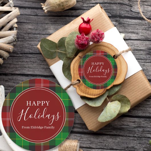 Christmas Plaid Happy Holidays Family Name Runder Aufkleber