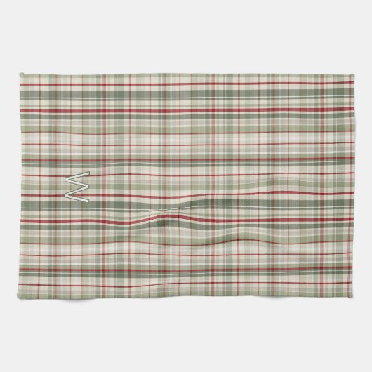 Christmas Plaid Monogram - rustic green red ivory Geschirrtuch (Horizontal)