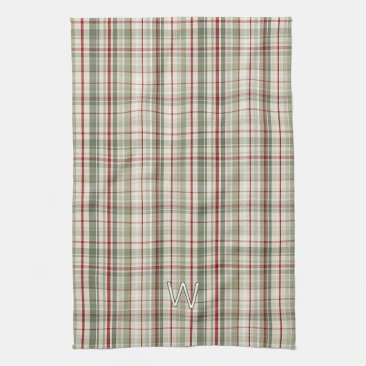 Christmas Plaid Monogram - rustic green red ivory Geschirrtuch (Vertikal)