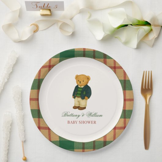 Christmas Plaid Preppy Bear Baby Shower Pappteller (Hochzeit)