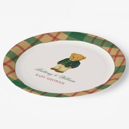 Christmas Plaid Preppy Bear Baby Shower  Pappteller (Schrägansicht)