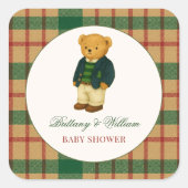 Christmas Plaid Preppy Bear Baby Shower  Quadratischer Aufkleber (Vorderseite)