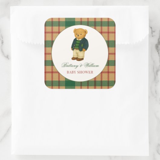 Christmas Plaid Preppy Bear Baby Shower  Quadratischer Aufkleber (Tasche)