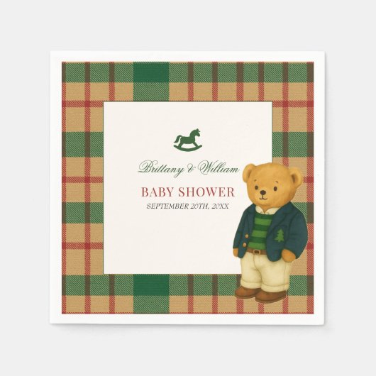 Christmas Plaid Preppy Bear Baby Shower  Serviette (Vorderseite)